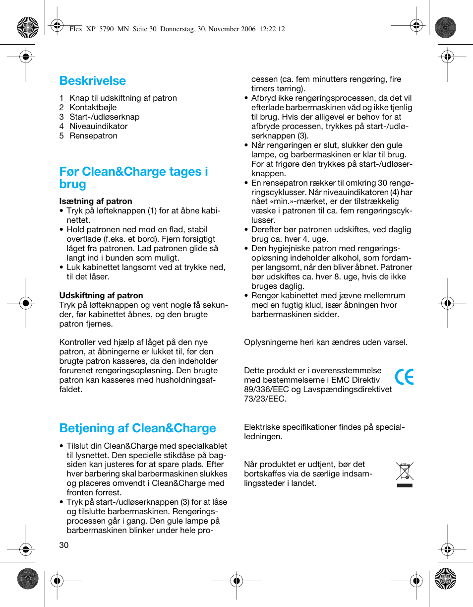 Beskrivelse, Før clean&charge tages i brug, Betjening af clean&charge | Braun 5790 Flex XP II System User Manual | Page 29 / 49