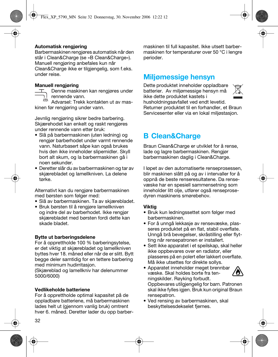 Miljømessige hensyn, B clean&charge | Braun 5790 Flex XP II System User Manual | Page 31 / 49