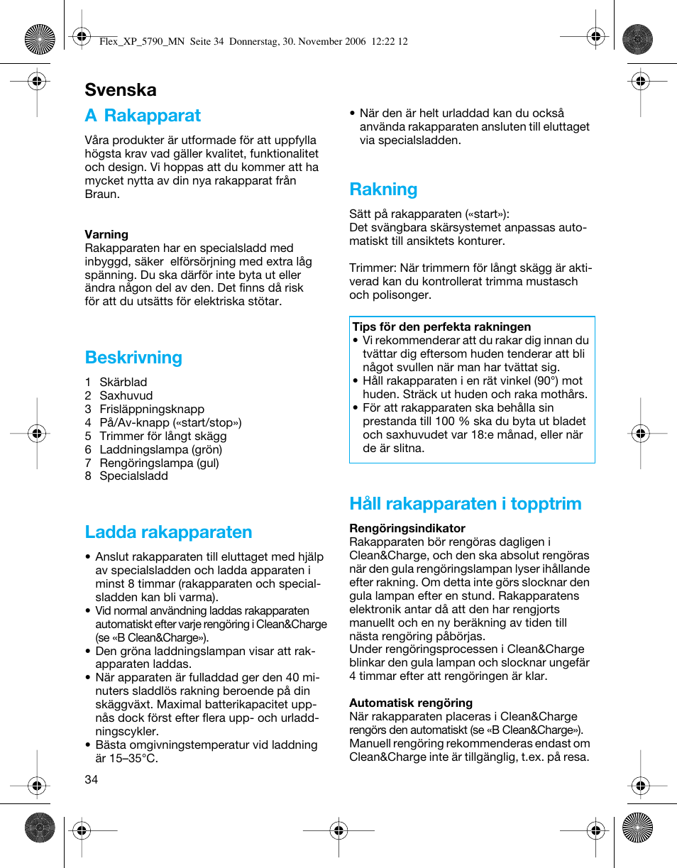 A rakapparat, Beskrivning, Ladda rakapparaten | Rakning, Håll rakapparaten i topptrim, Svenska | Braun 5790 Flex XP II System User Manual | Page 33 / 49