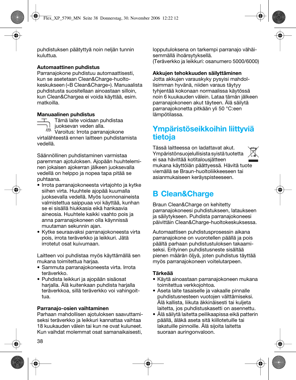 Ympäristöseikkoihin liittyviä tietoja, B clean&charge | Braun 5790 Flex XP II System User Manual | Page 37 / 49