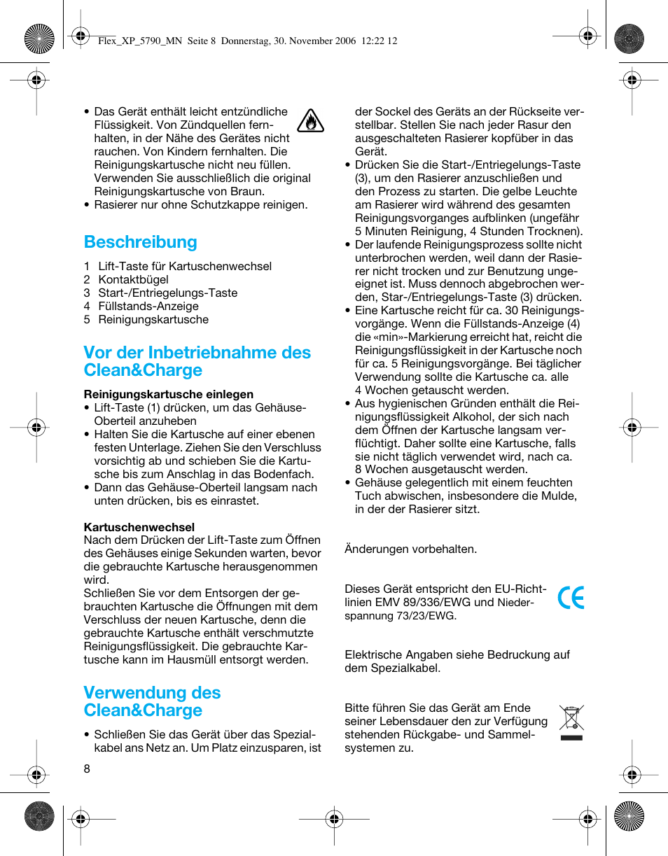 Beschreibung, Vor der inbetriebnahme des clean&charge, Verwendung des clean&charge | Braun 5790 Flex XP II System User Manual | Page 7 / 49