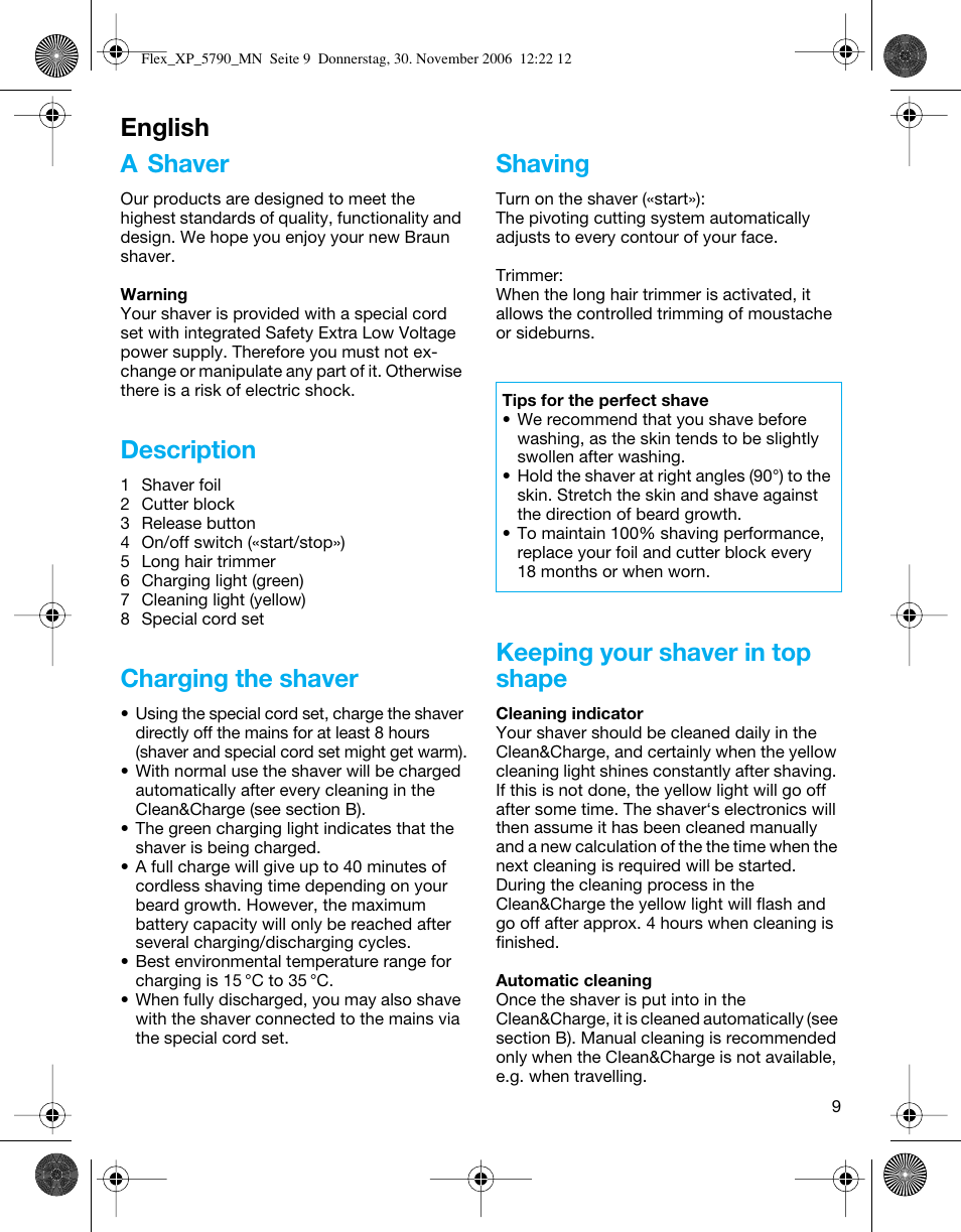 A shaver, Description, Charging the shaver | Shaving, Keeping your shaver in top shape, English | Braun 5790 Flex XP II System User Manual | Page 8 / 49