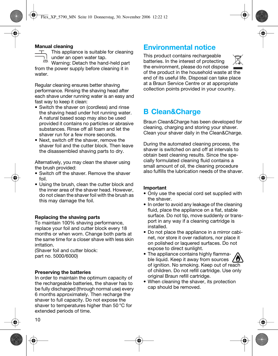Environmental notice, B clean&charge | Braun 5790 Flex XP II System User Manual | Page 9 / 49