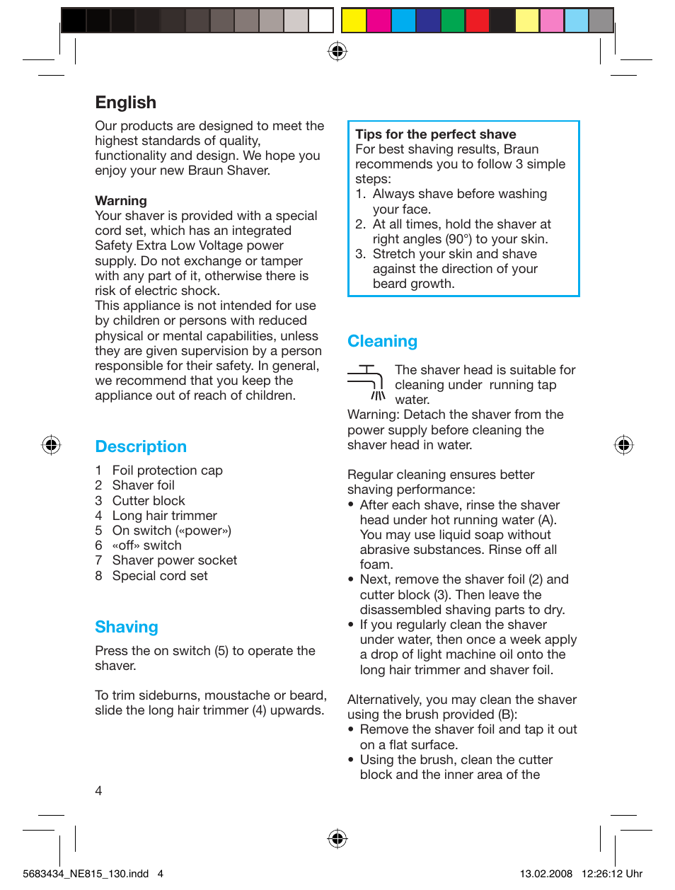 English, Description, Shaving | Cleaning | Braun 130 Series 1 User Manual | Page 4 / 32