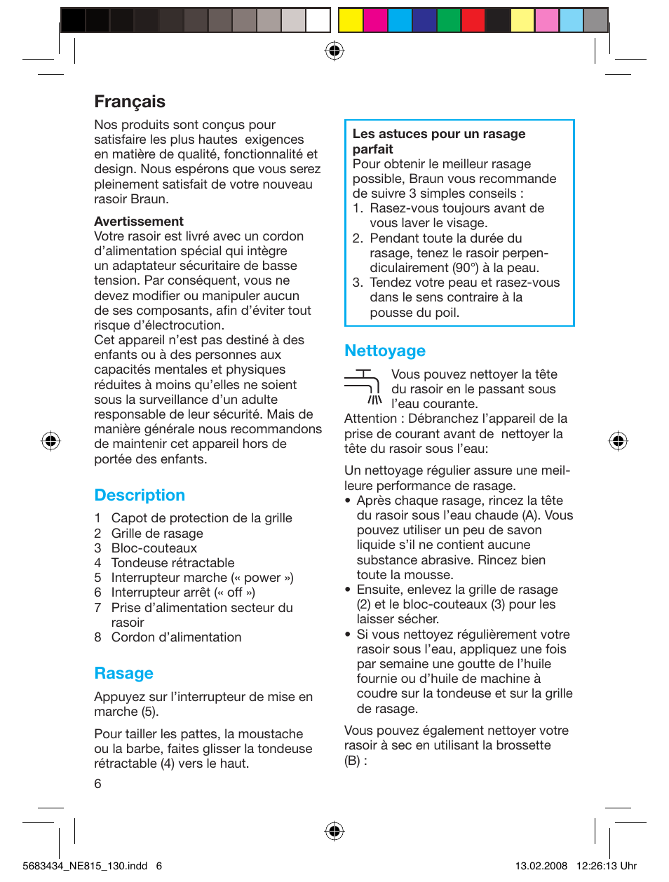 Français, Description, Rasage | Nettoyage | Braun 130 Series 1 User Manual | Page 6 / 32