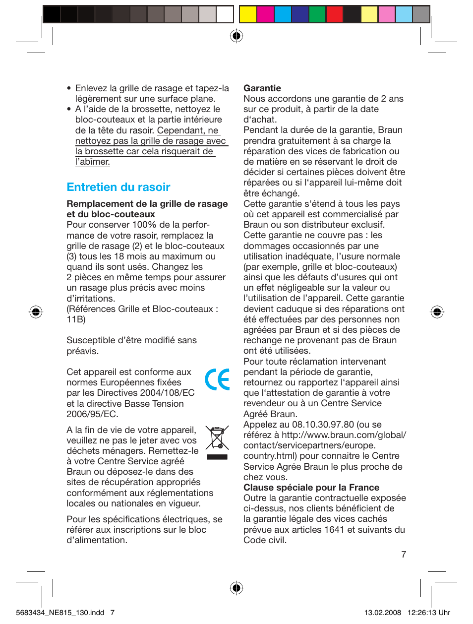 Entretien du rasoir | Braun 130 Series 1 User Manual | Page 7 / 32