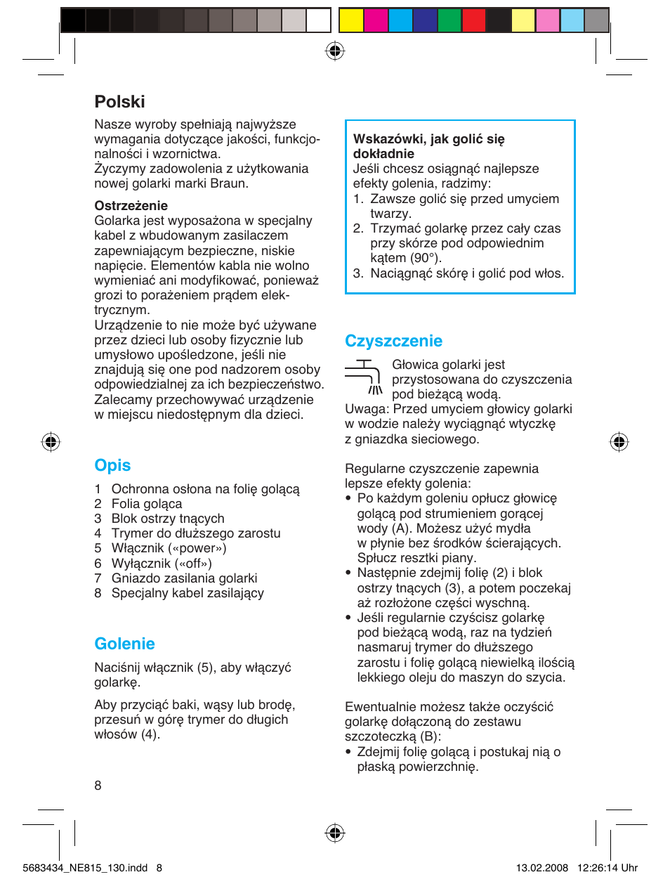 Polski, Opis, Golenie | Czyszczenie | Braun 130 Series 1 User Manual | Page 8 / 32