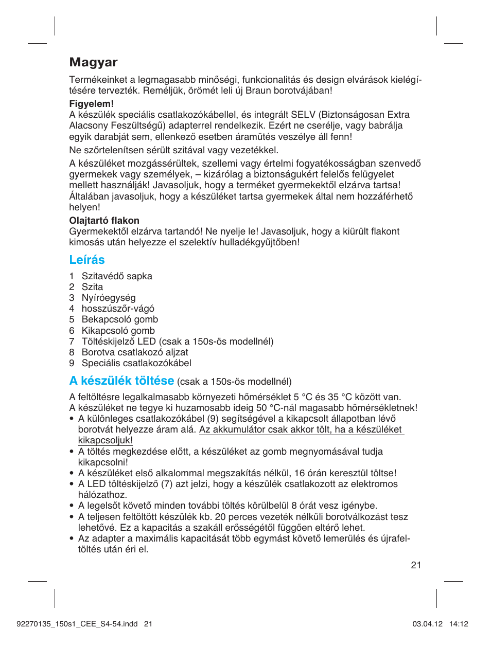 Magyar, Leírás, A készülék töltése | Braun 130s-1-5683 Series 1 User Manual | Page 21 / 52