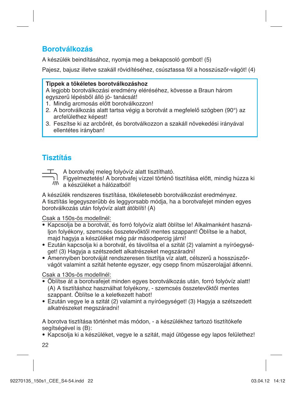 Borotválkozás, Tisztítás | Braun 130s-1-5683 Series 1 User Manual | Page 22 / 52