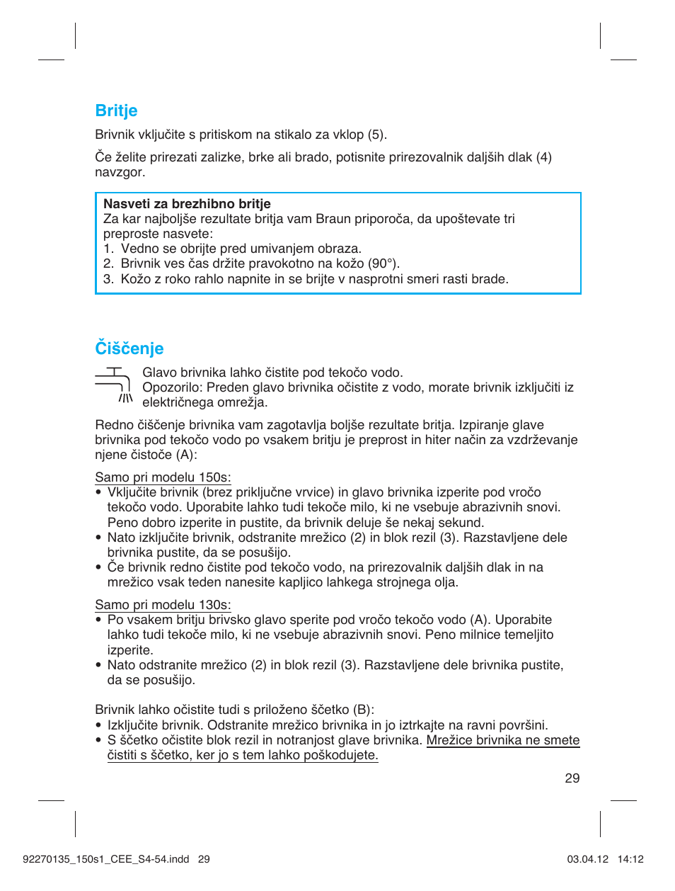 Britje, Čiščenje | Braun 130s-1-5683 Series 1 User Manual | Page 29 / 52