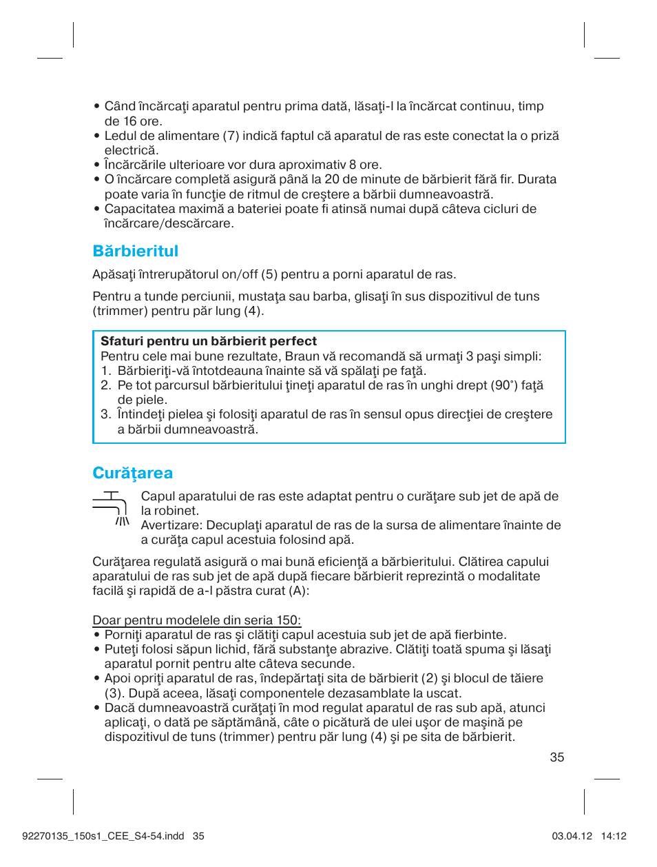 Bărbieritul, Curăţarea | Braun 130s-1-5683 Series 1 User Manual | Page 35 / 52