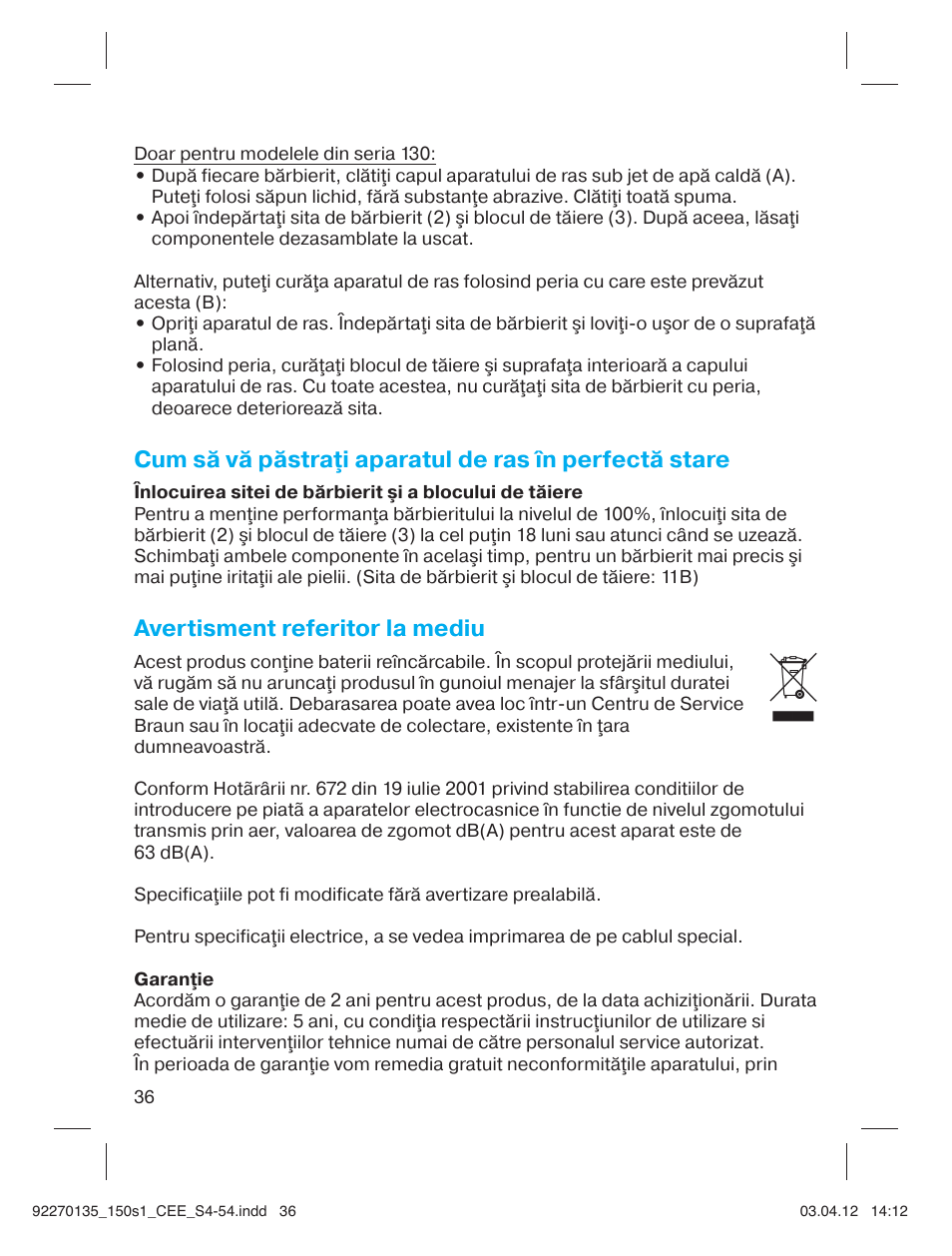 Avertisment referitor la mediu | Braun 130s-1-5683 Series 1 User Manual | Page 36 / 52