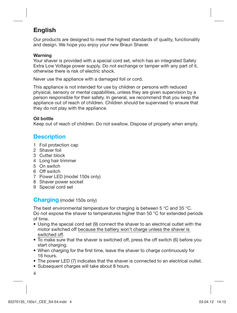 English, Description, Charging | Braun 130s-1-5683 Series 1 User Manual | Page 4 / 52