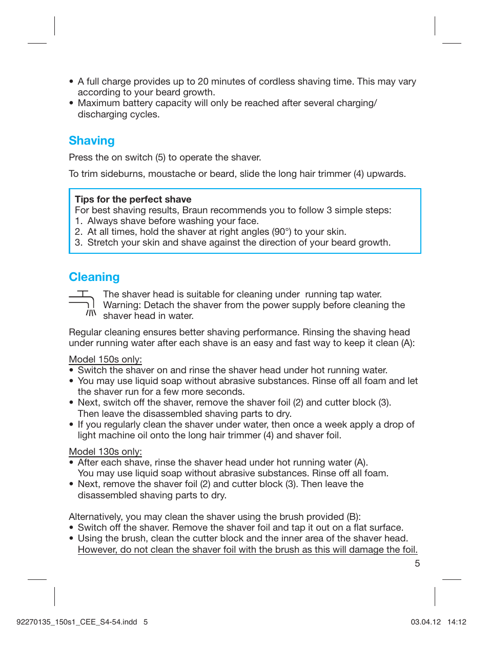 Shaving, Cleaning | Braun 130s-1-5683 Series 1 User Manual | Page 5 / 52