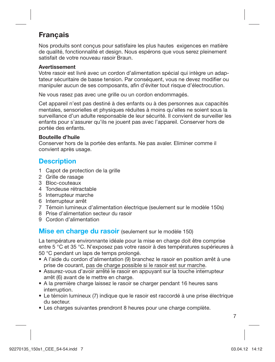 Français, Description, Mise en charge du rasoir | Braun 130s-1-5683 Series 1 User Manual | Page 7 / 52