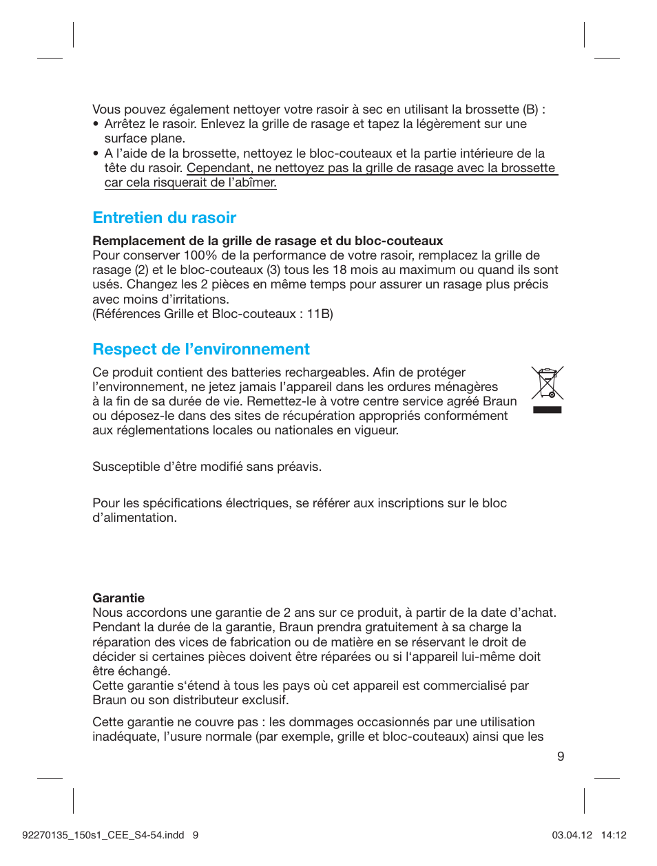Entretien du rasoir, Respect de l’environnement | Braun 130s-1-5683 Series 1 User Manual | Page 9 / 52