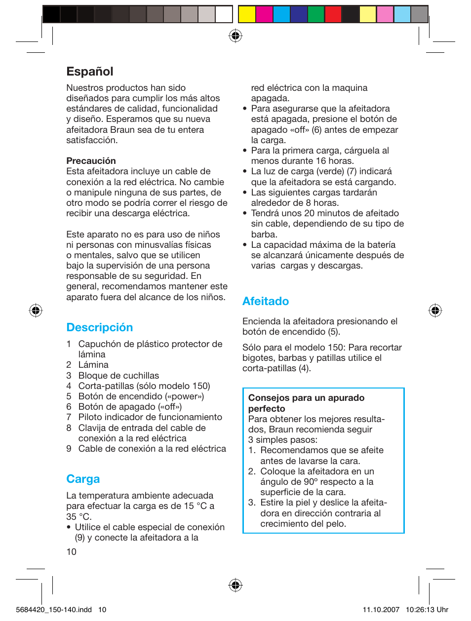 Español, Descripción, Carga | Afeitado | Braun 140-5684 Series 1 User Manual | Page 10 / 36