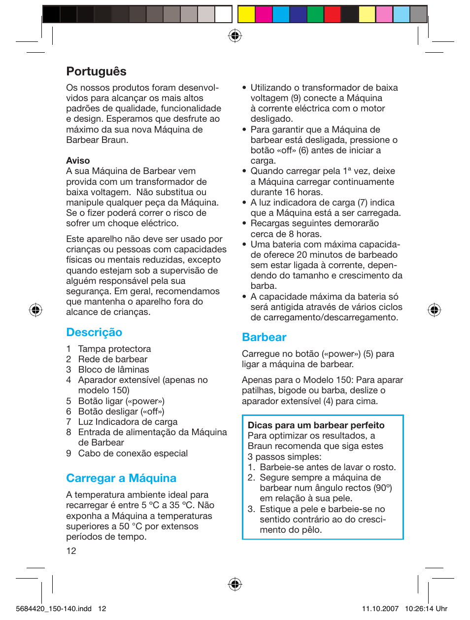 Português, Descrição, Carregar a máquina | Barbear | Braun 140-5684 Series 1 User Manual | Page 12 / 36