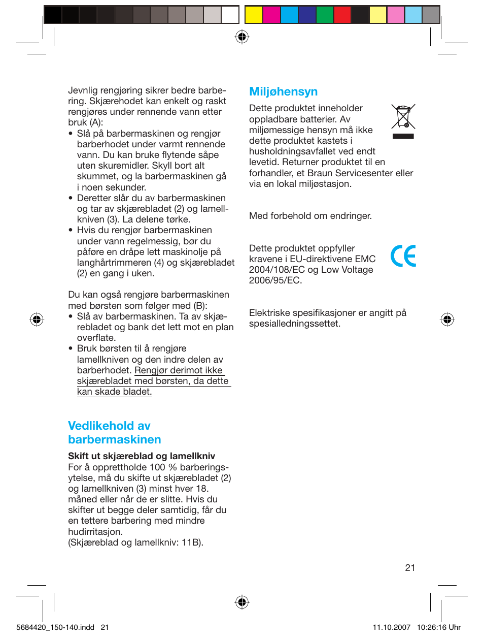 Vedlikehold av barbermaskinen, Miljøhensyn | Braun 140-5684 Series 1 User Manual | Page 21 / 36