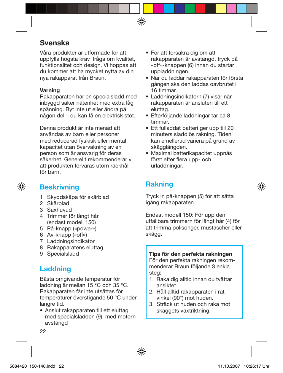 Svenska, Beskrivning, Laddning | Rakning | Braun 140-5684 Series 1 User Manual | Page 22 / 36