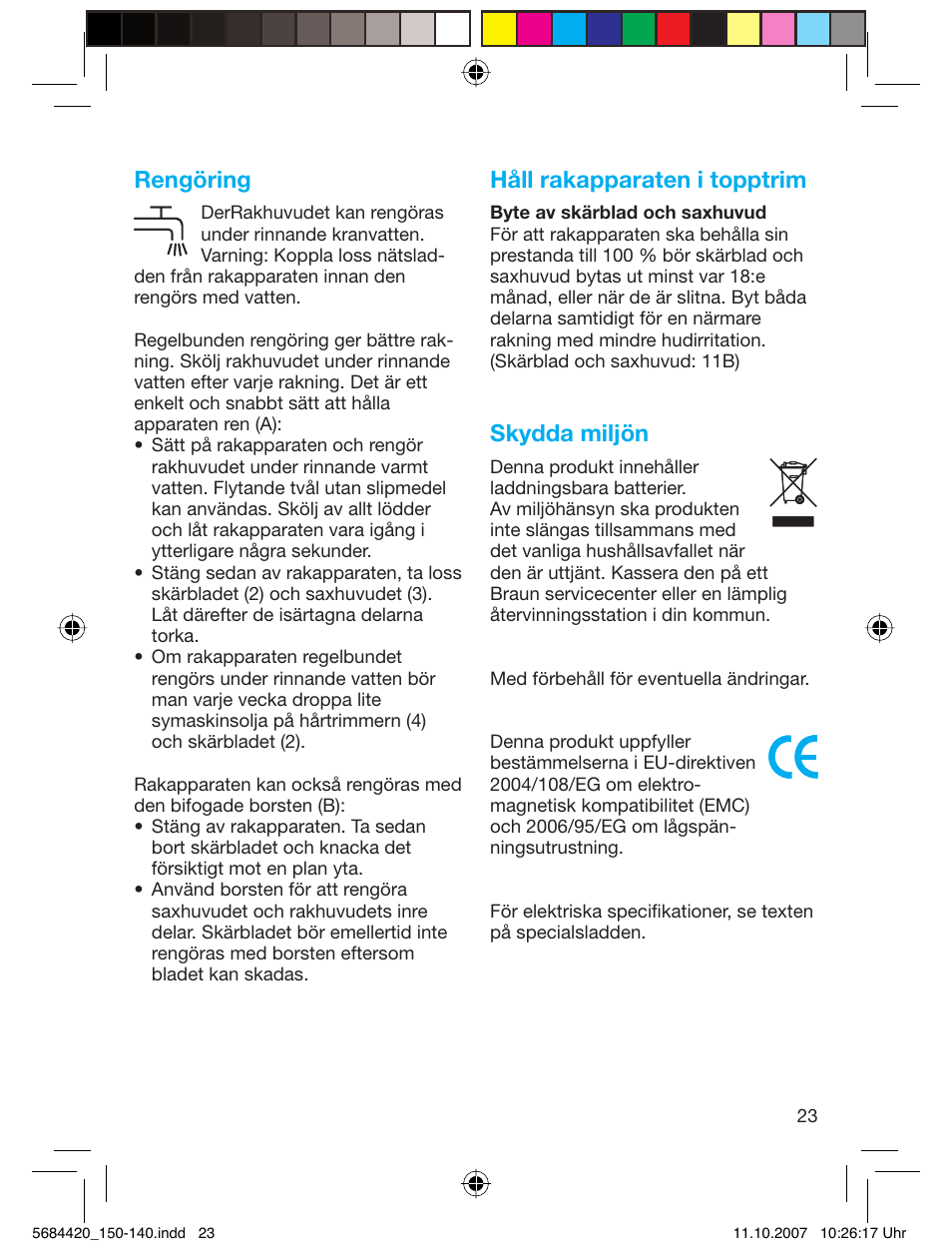 Rengöring, Håll rakapparaten i topptrim, Skydda miljön | Braun 140-5684 Series 1 User Manual | Page 23 / 36