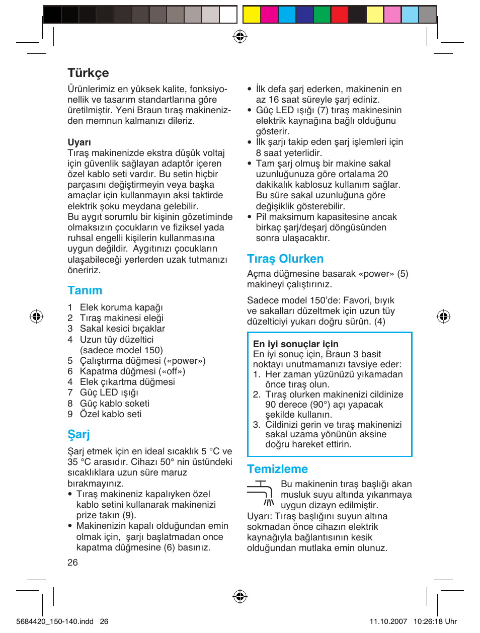 Türkçe, Tanım, Şarj | Tıraş olurken, Temizleme | Braun 140-5684 Series 1 User Manual | Page 26 / 36