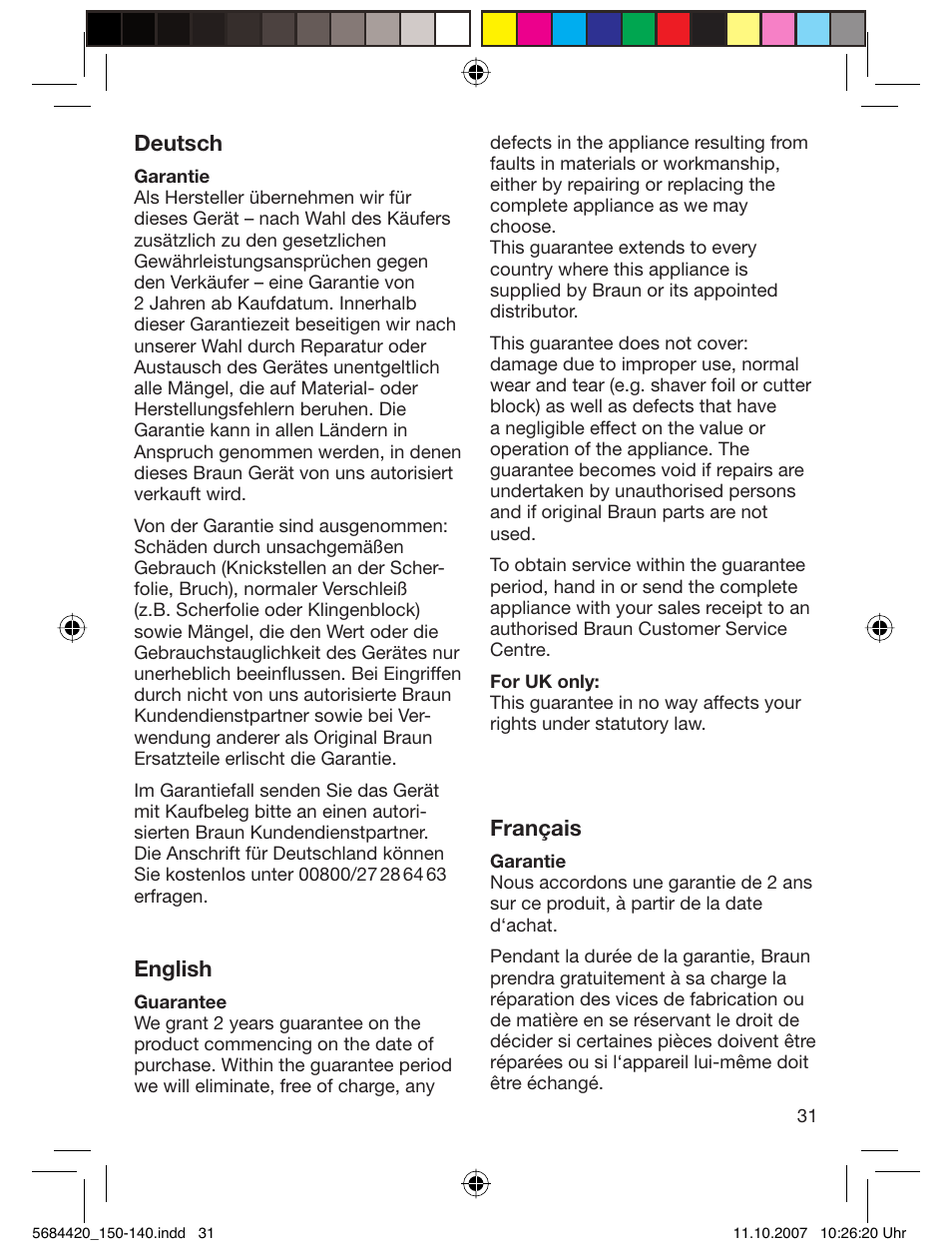 Deutsch, English, Français | Braun 140-5684 Series 1 User Manual | Page 31 / 36