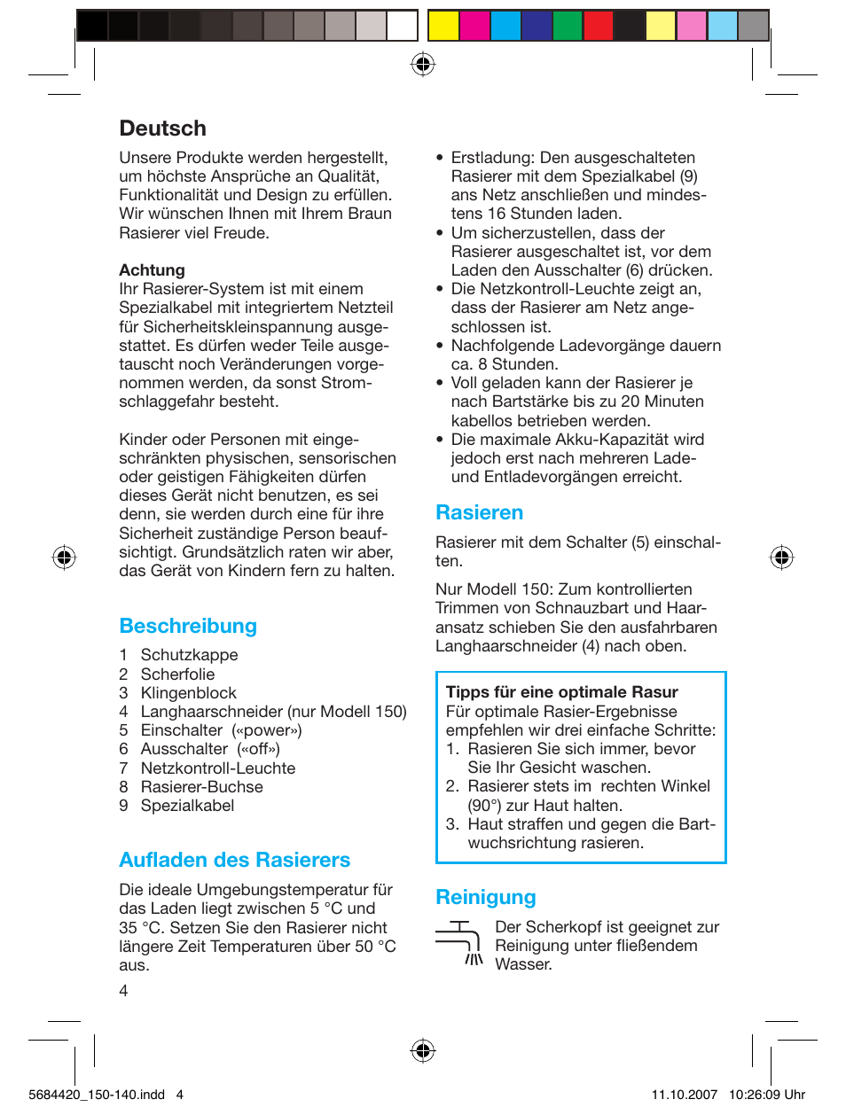 Deutsch, Beschreibung, Aufladen des rasierers | Rasieren, Reinigung | Braun 140-5684 Series 1 User Manual | Page 4 / 36