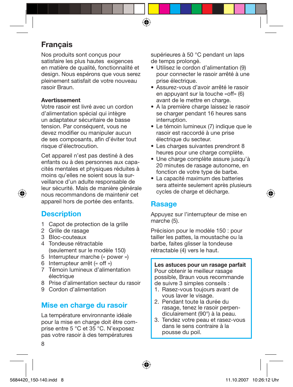 Français, Description, Mise en charge du rasoir | Rasage | Braun 140-5684 Series 1 User Manual | Page 8 / 36