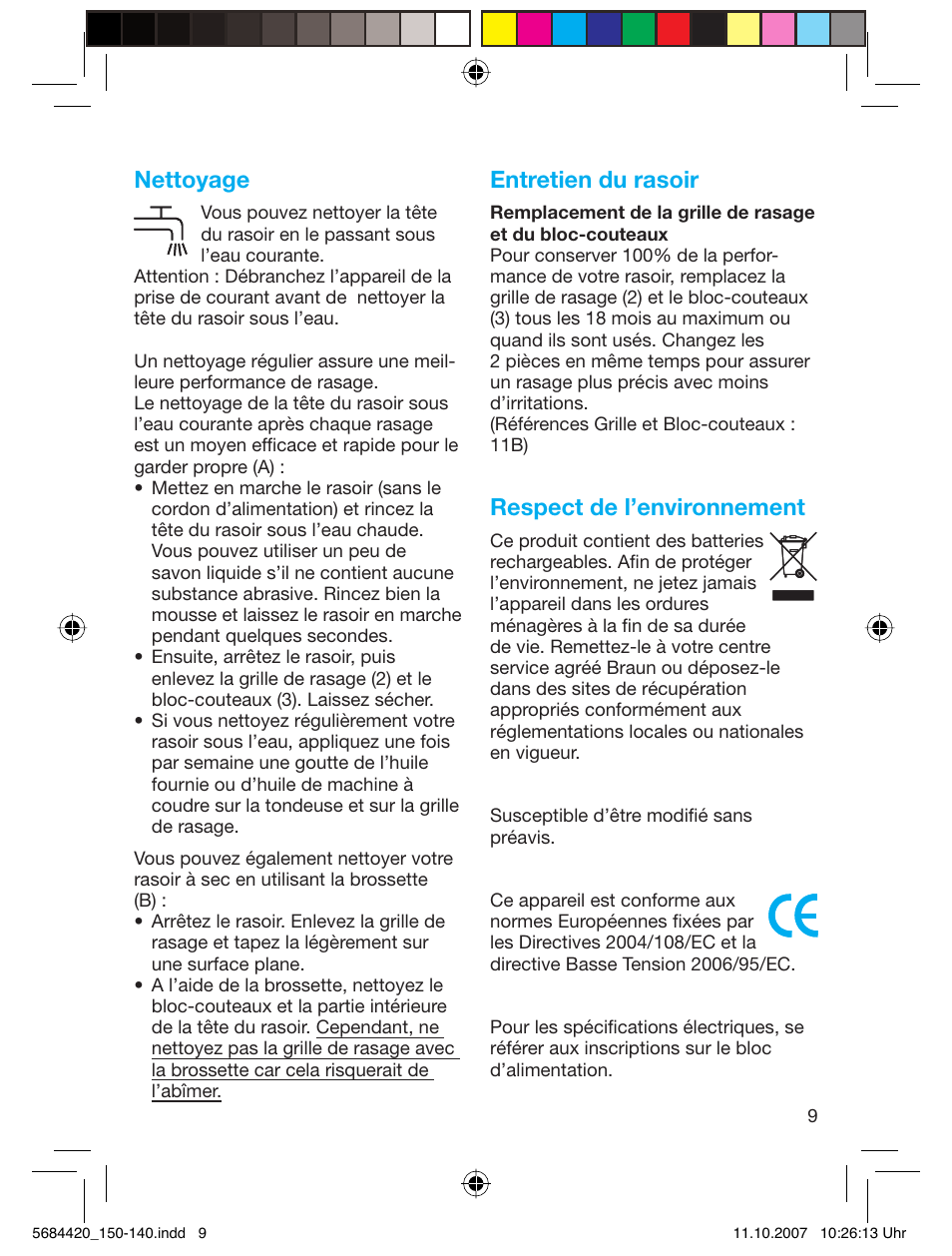 Nettoyage, Entretien du rasoir, Respect de l’environnement | Braun 140-5684 Series 1 User Manual | Page 9 / 36