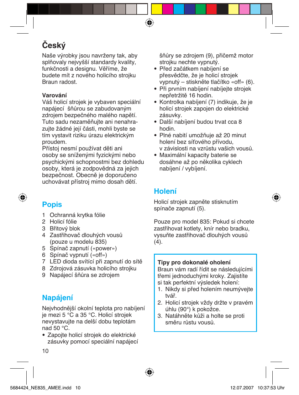 Âesk, Popis, Napájení | Holení | Braun 835 Series 1 User Manual | Page 10 / 39