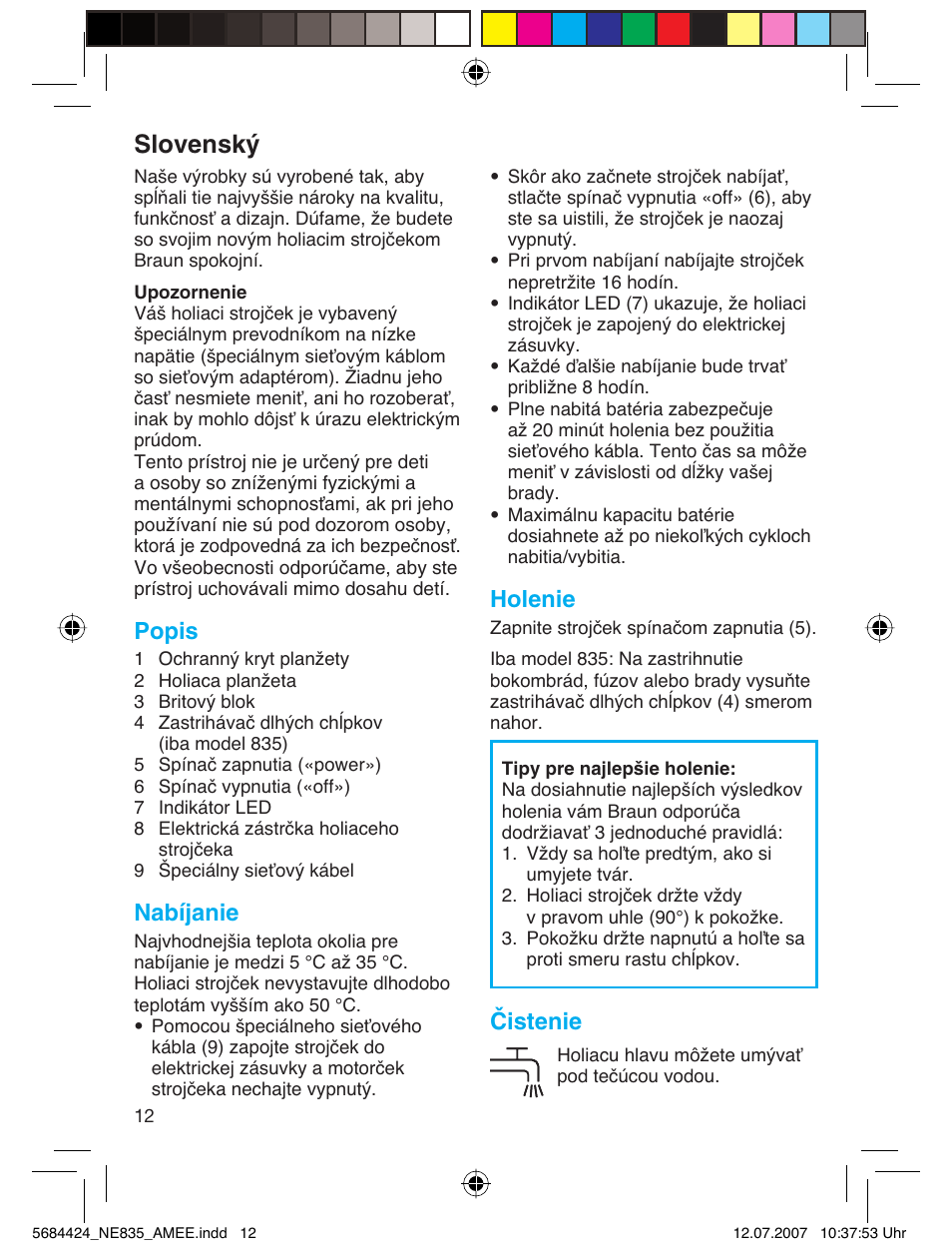 Slovensk, Popis, Nabíjanie | Holenie, Čistenie | Braun 835 Series 1 User Manual | Page 12 / 39