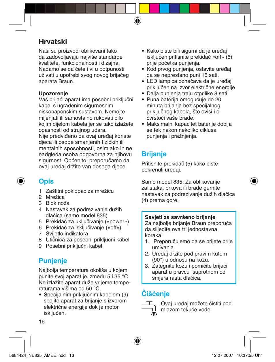 Hrvatski, Opis, Punjenje | Brijanje, Čišćenje | Braun 835 Series 1 User Manual | Page 16 / 39