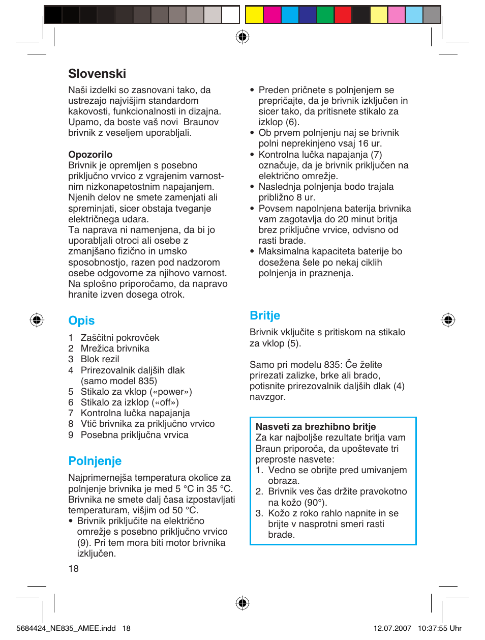 Slovenski, Opis, Polnjenje | Britje | Braun 835 Series 1 User Manual | Page 18 / 39