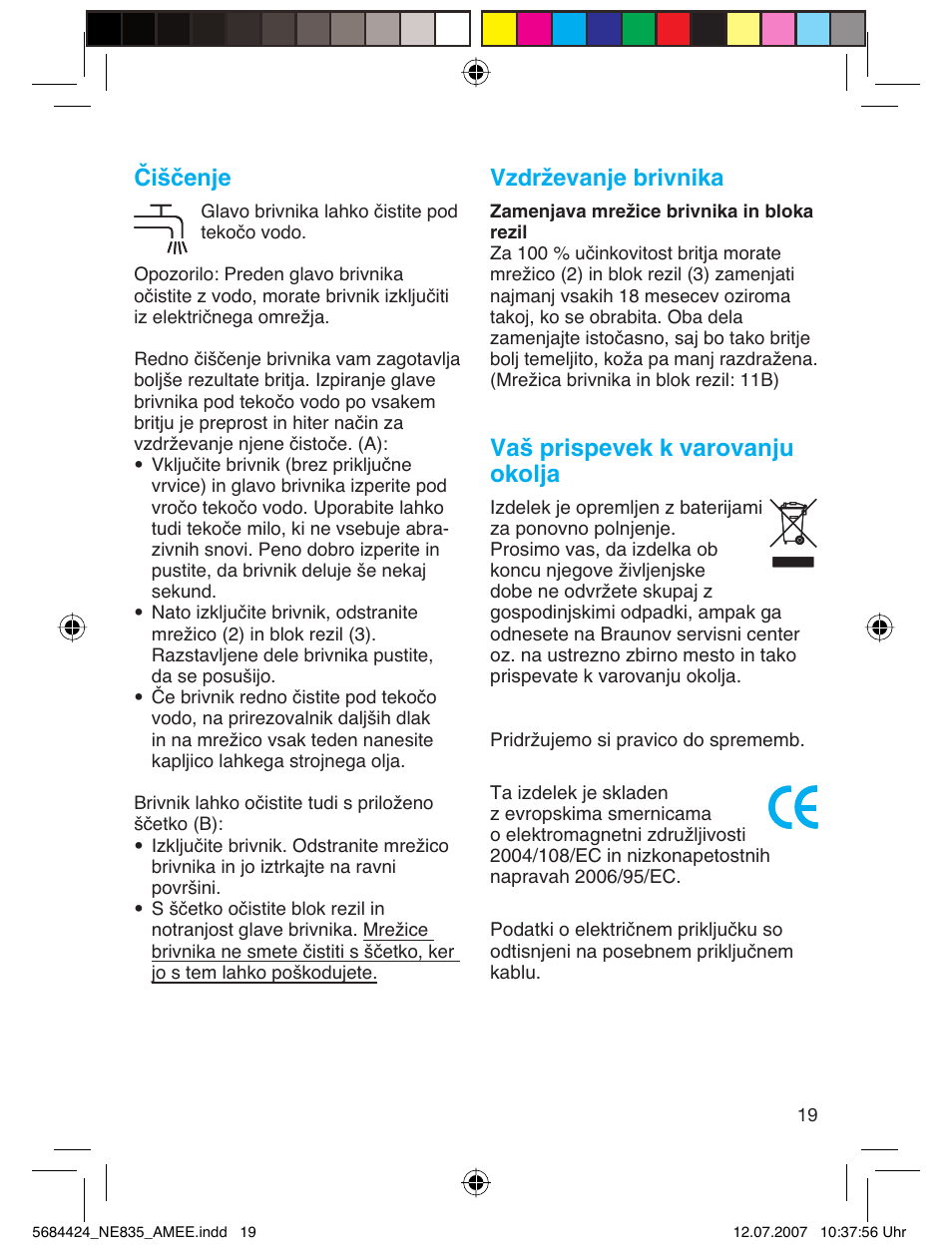 Čiščenje, Vzdrževanje brivnika, Va‰ prispevek k varovanju okolja | Braun 835 Series 1 User Manual | Page 19 / 39