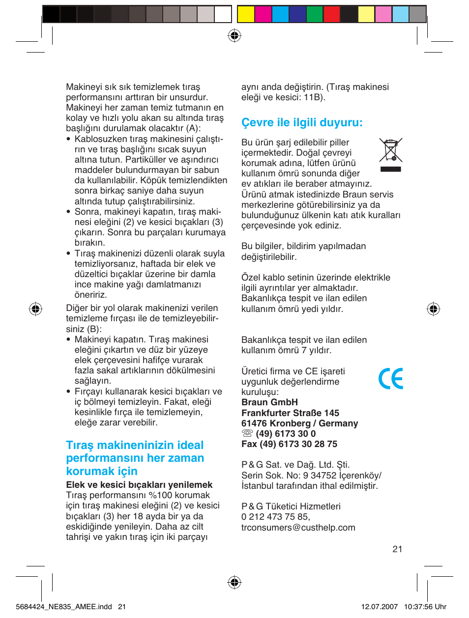 Çevre ile ilgili duyuru | Braun 835 Series 1 User Manual | Page 21 / 39