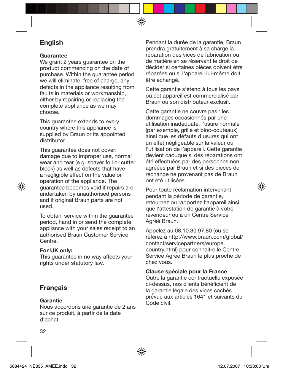English, Français | Braun 835 Series 1 User Manual | Page 32 / 39