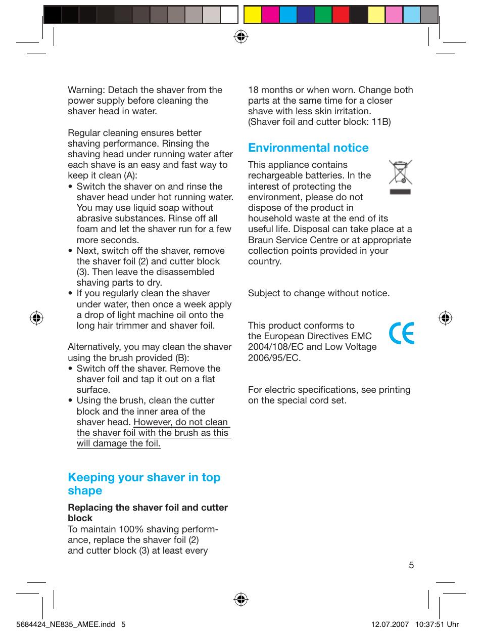Keeping your shaver in top shape, Environmental notice | Braun 835 Series 1 User Manual | Page 5 / 39