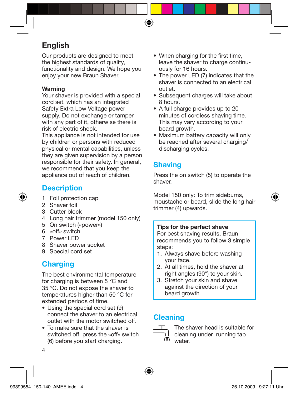 English, Description, Charging | Shaving, Cleaning | Braun 140-5685 Series 1 RU User Manual | Page 4 / 39