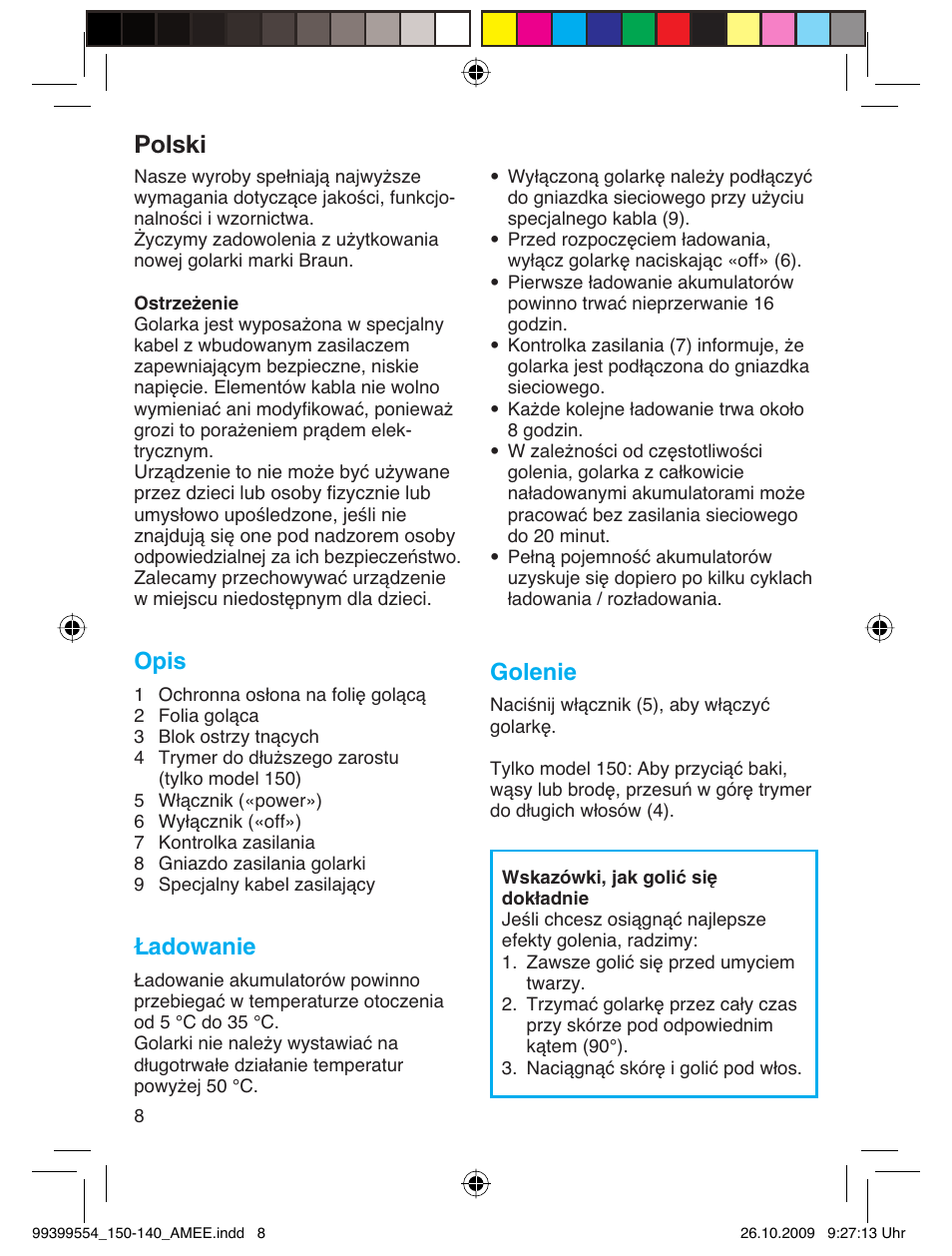 Polski, Opis, Ładowanie | Golenie | Braun 140-5685 Series 1 RU User Manual | Page 8 / 39