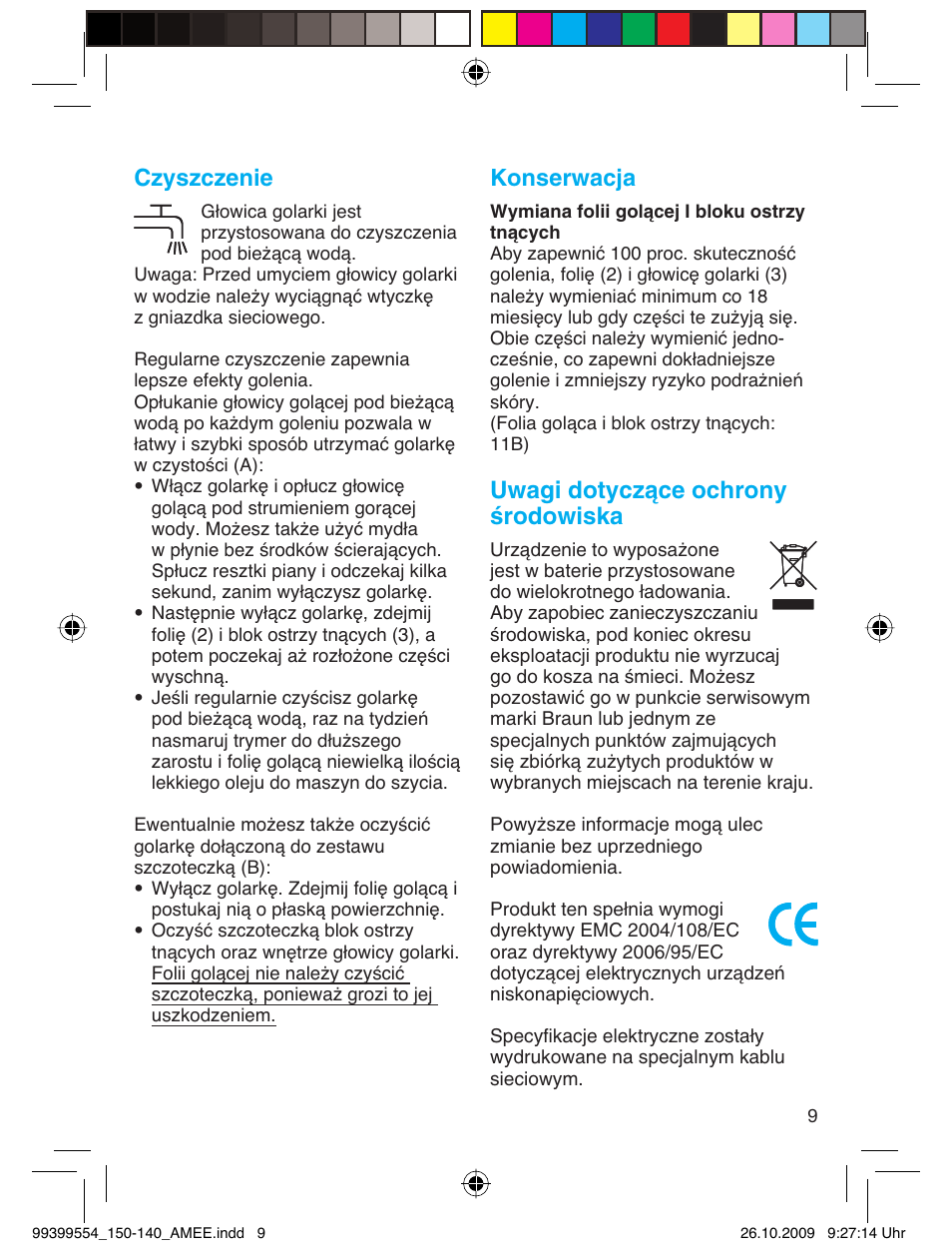 Czyszczenie, Konserwacja, Uwagi dotyczàce ochrony êrodowiska | Braun 140-5685 Series 1 RU User Manual | Page 9 / 39