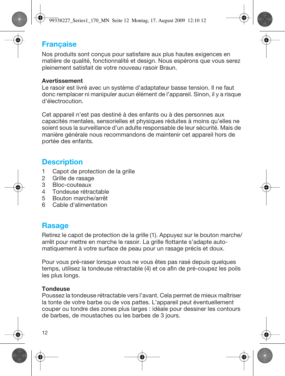 Française, Description, Rasage | Braun 170 Series 1 User Manual | Page 11 / 43