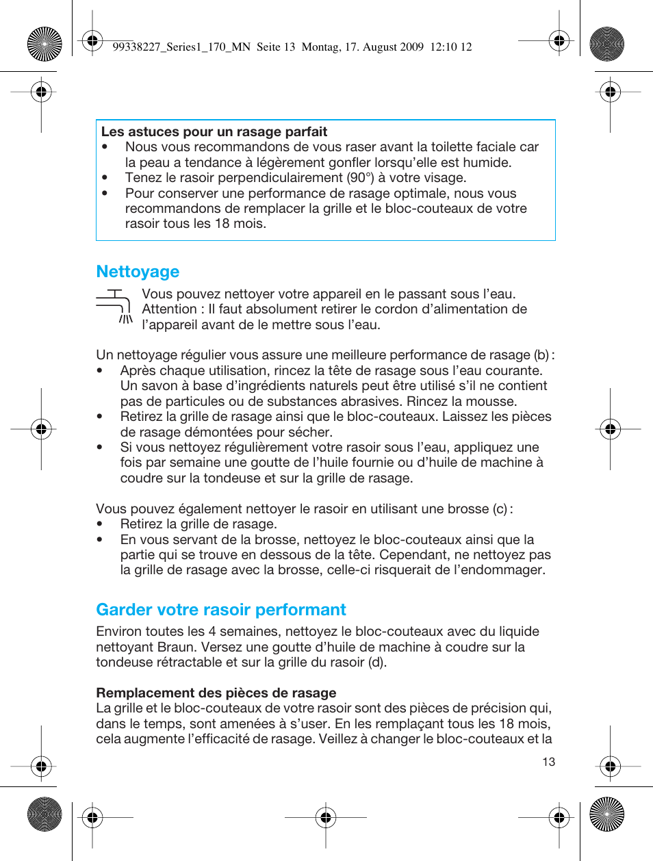 Nettoyage, Garder votre rasoir performant | Braun 170 Series 1 User Manual | Page 12 / 43