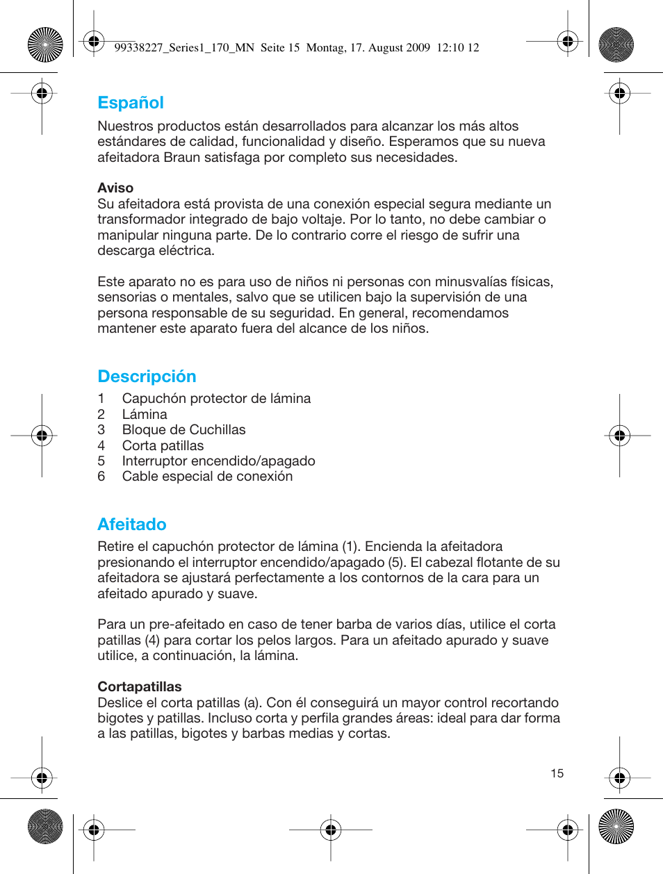 Español, Descripción, Afeitado | Braun 170 Series 1 User Manual | Page 14 / 43