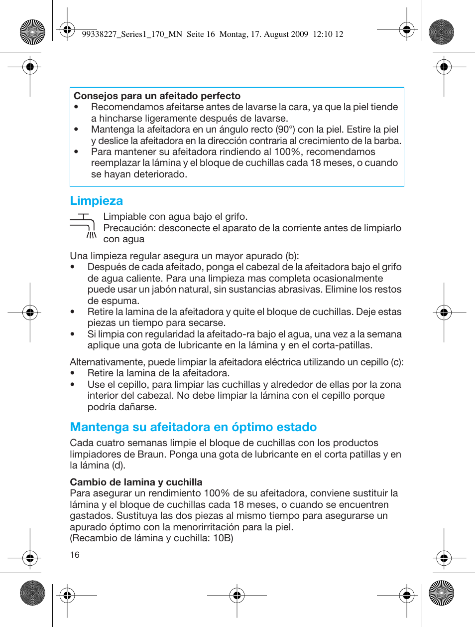Limpieza, Mantenga su afeitadora en óptimo estado | Braun 170 Series 1 User Manual | Page 15 / 43