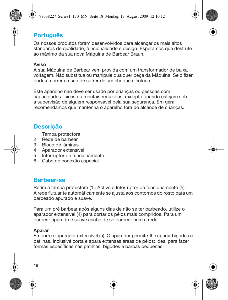 Português, Descrição, Barbear-se | Braun 170 Series 1 User Manual | Page 17 / 43