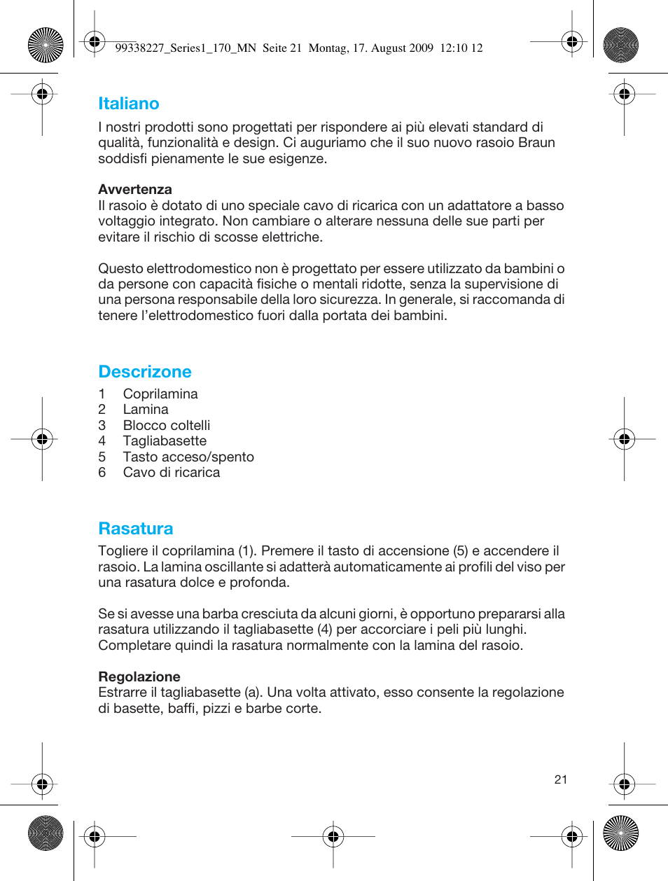Italiano, Descrizone, Rasatura | Braun 170 Series 1 User Manual | Page 20 / 43