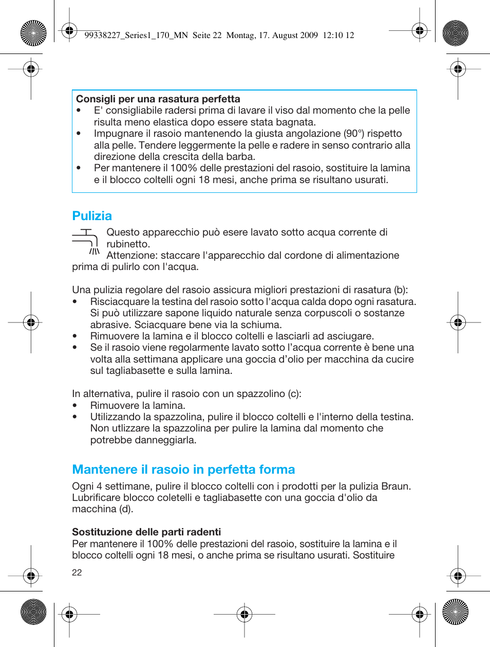 Pulizia, Mantenere il rasoio in perfetta forma | Braun 170 Series 1 User Manual | Page 21 / 43