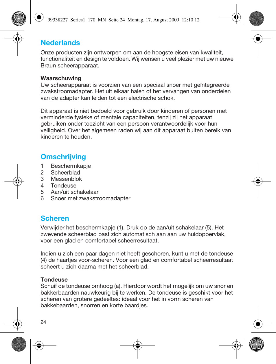 Nederlands, Omschrijving, Scheren | Braun 170 Series 1 User Manual | Page 23 / 43