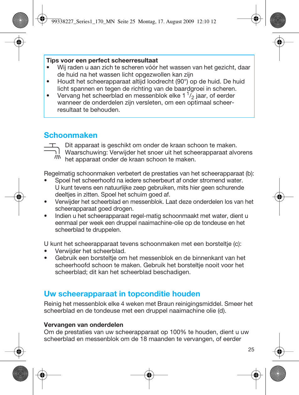 Schoonmaken, Uw scheerapparaat in topconditie houden | Braun 170 Series 1 User Manual | Page 24 / 43
